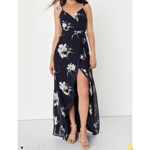 NEW Lulus All Mine Navy Blue Floral Print High-Low Wrap Dress NWT